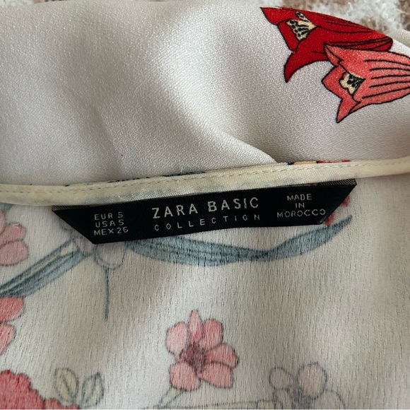 ZARA Cream & Red Floral V-Neck Shift Mini Dress Puff Sleeve Size S With Pockets - Picture 8 of 8